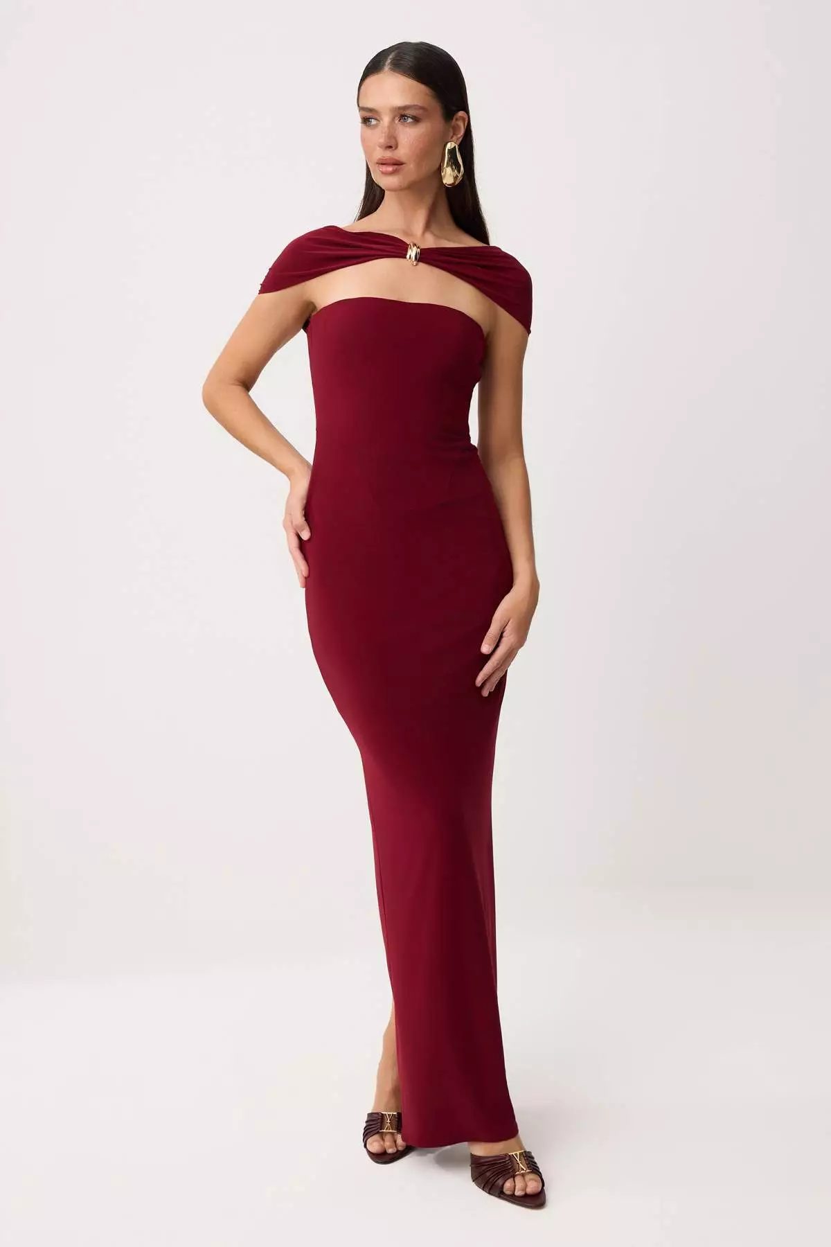 Burgundy Plain Woven Sandy Maxi Evening Dress & Graduation Dress