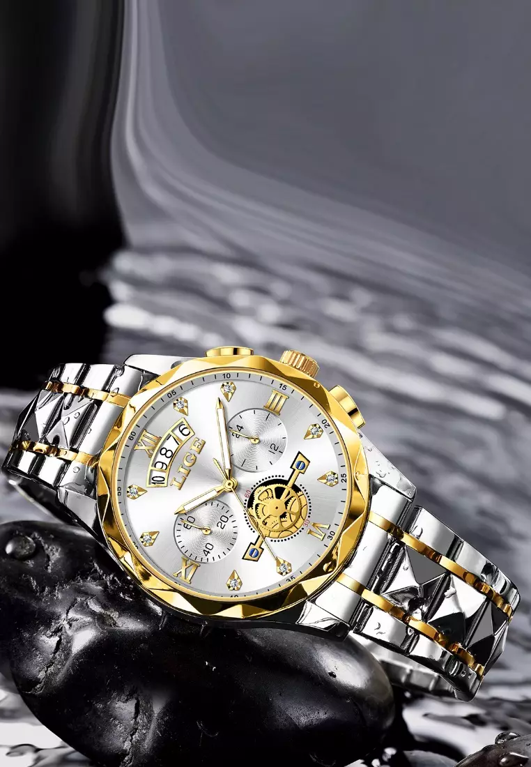 计时码表男女通用 IP 金色和不锈钢石英表，日期，不锈钢表带