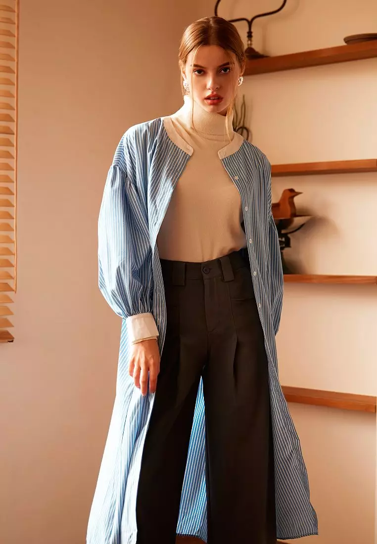 Striped Puff-Sleeve Long Open Top [DA9910]