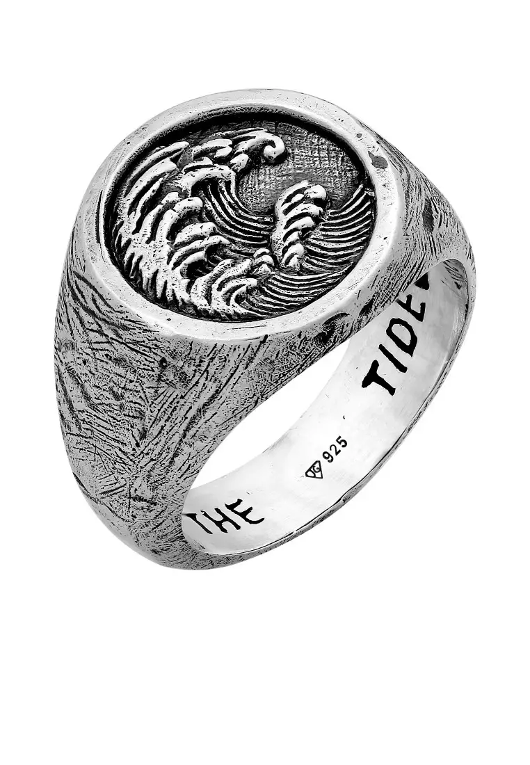EXCLUSIVE Cincin Perhiasan Perak 925 Pria Signet Tide Waves Motif
