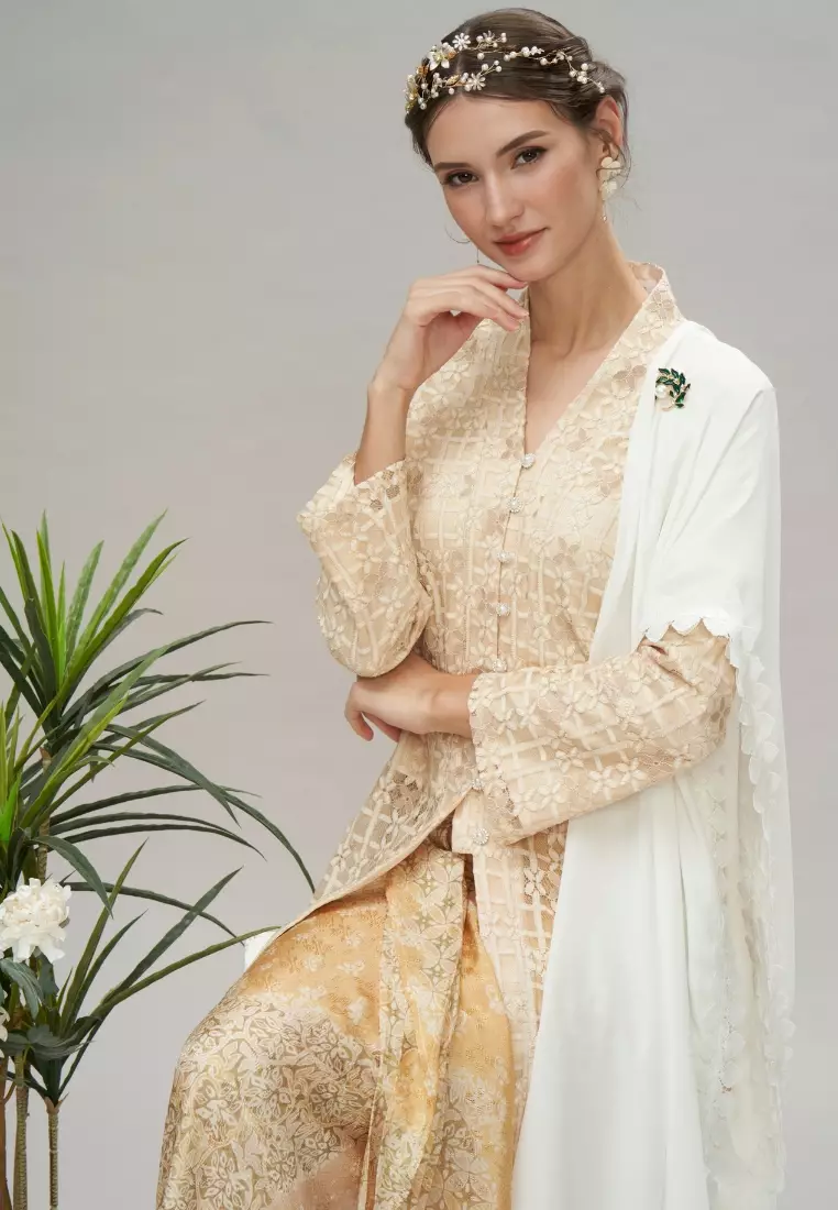 Beige Checkered Lace Kebaya Top