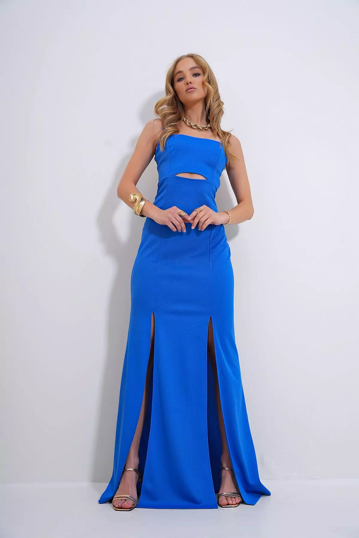 Women's Blue Adjustable Strap Out Cut Slit Graduation Dress