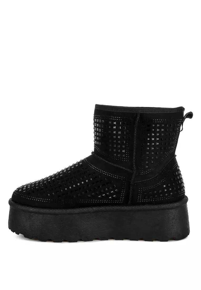 Chunky Rhinestones Ankle Boots in Black
