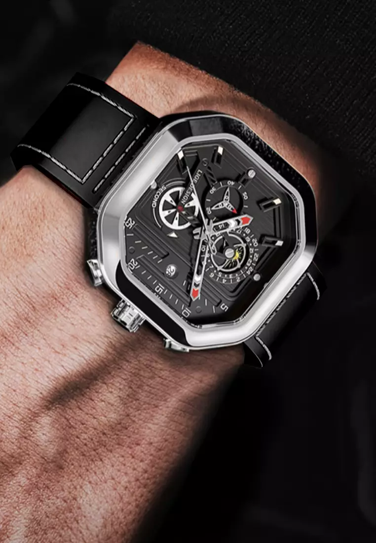 Unisex Chronograph Octogonal Stainless Steel Quartz Watch on Black Leather Strap