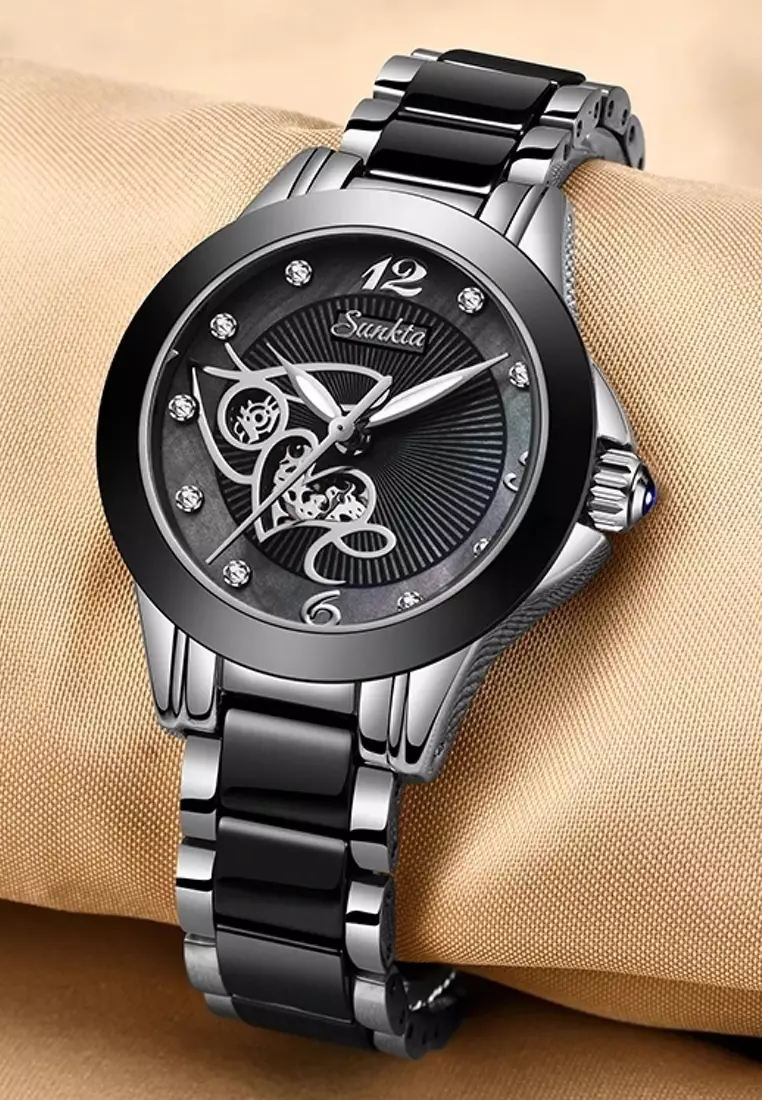 SUNKTA Black Ceramic "LOVE" Ladies Quartz Watch, 33mm, Stainless Steel, Black Dial, Metal Bracelet and Ceramic