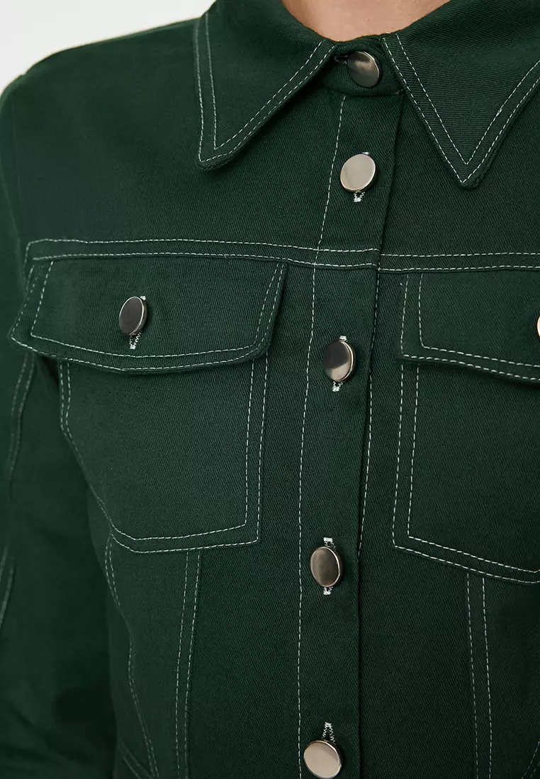 Khaki Mini Shirt Dress Button And Sewing Detail