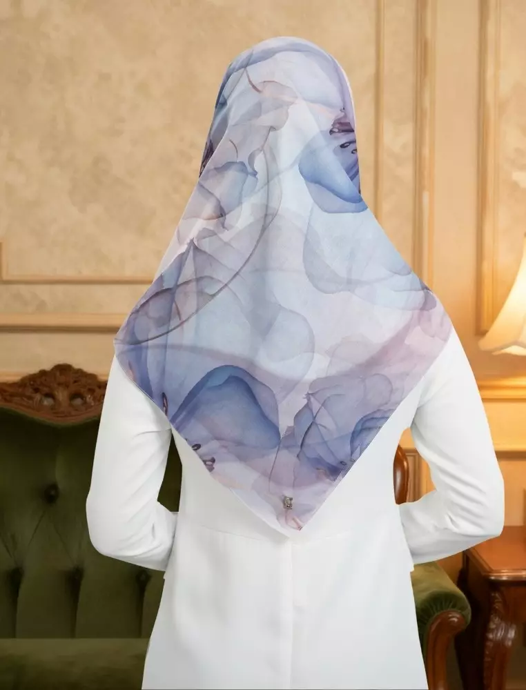 Zyla Print Scarf Blue - Kerudung Hijab Segiempat Motif Premium - Box