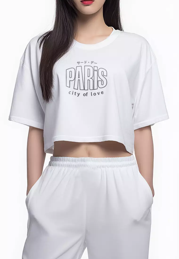 LTH10 Kaos Crop Top Oversize OLC "paris" putih