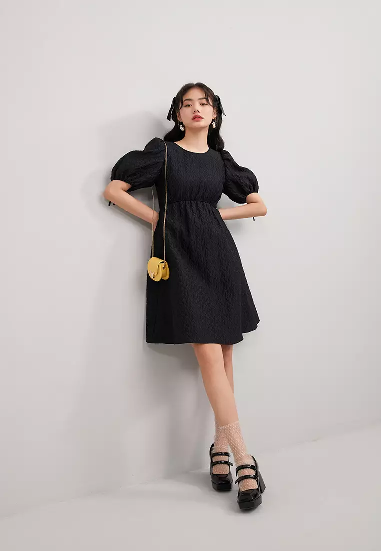 Puff Sleeve Floral Embossed Mini Dress