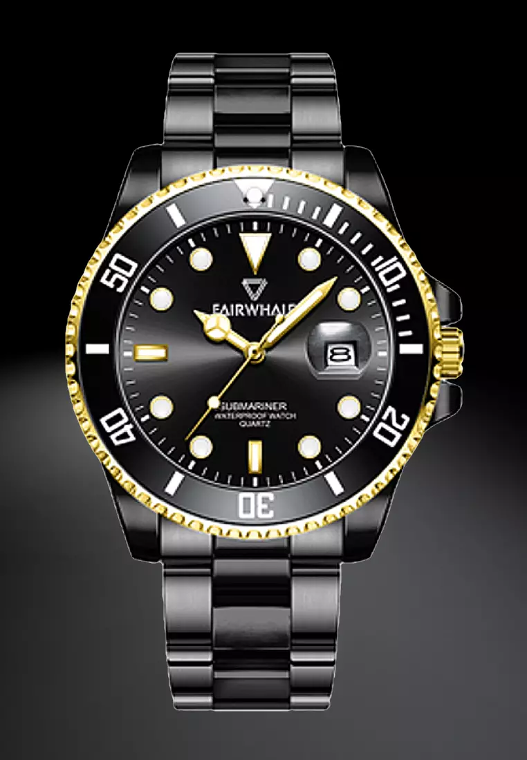 Unisex IP Black Stainless Steel Quartz Diver Watch, Black Dial, 40mm, Stainless Steel Bracelet