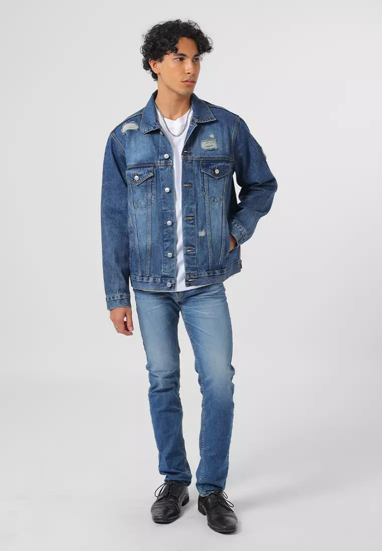 Jacket Denim Trucker Relaxed Fit Light Blue Distress