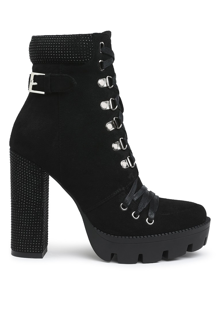 Black Diamante Set Block Heeled Ankle Boot