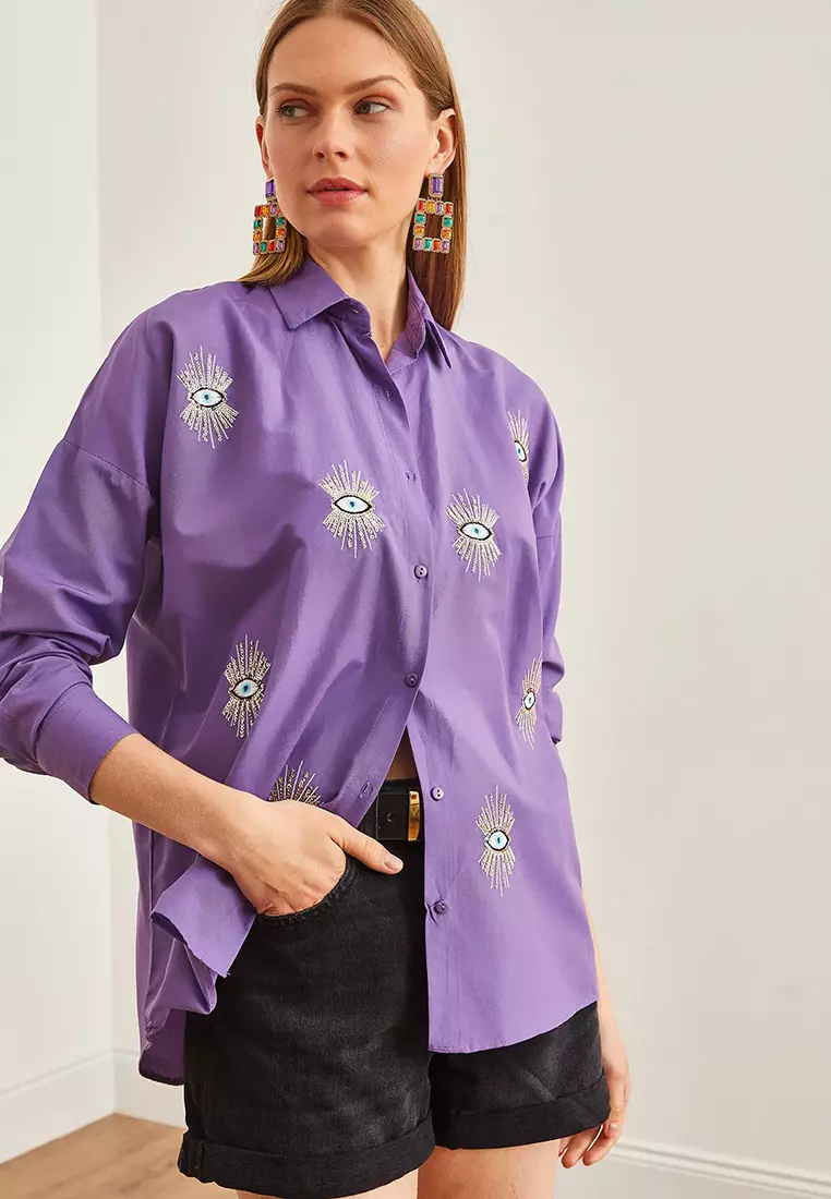 Eye Sequin Detailed Woven Boyfriend Shirt