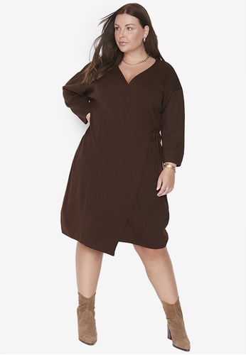 Trendyol brown Plus Size Wrap Dress 085B8AA0666FEAGS_1
