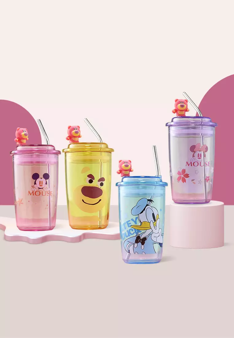 Wakakids Gelas Minum Plastik Transparan Botol Aesthetic Karakter dengan Sedotan Free Sticker 400ml K330 Venrz Kuning