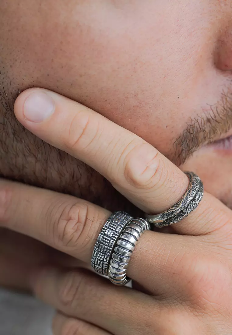 Men's Silver Weave and Ribbed Band Ring Set – Oxidised