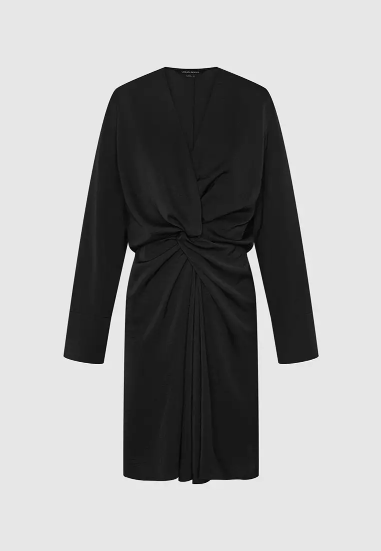 UR秋季新款女装气质扭结式V领收腰长袖连衣裙UWG740236