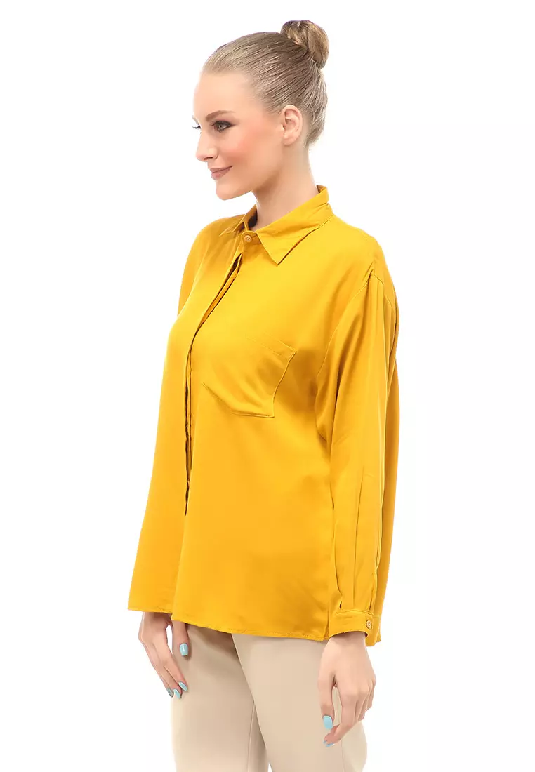 Dean Basic Shirt Lengan Panjang Atasan Wanita Front Button Opening Relaxed Fit - Mustard