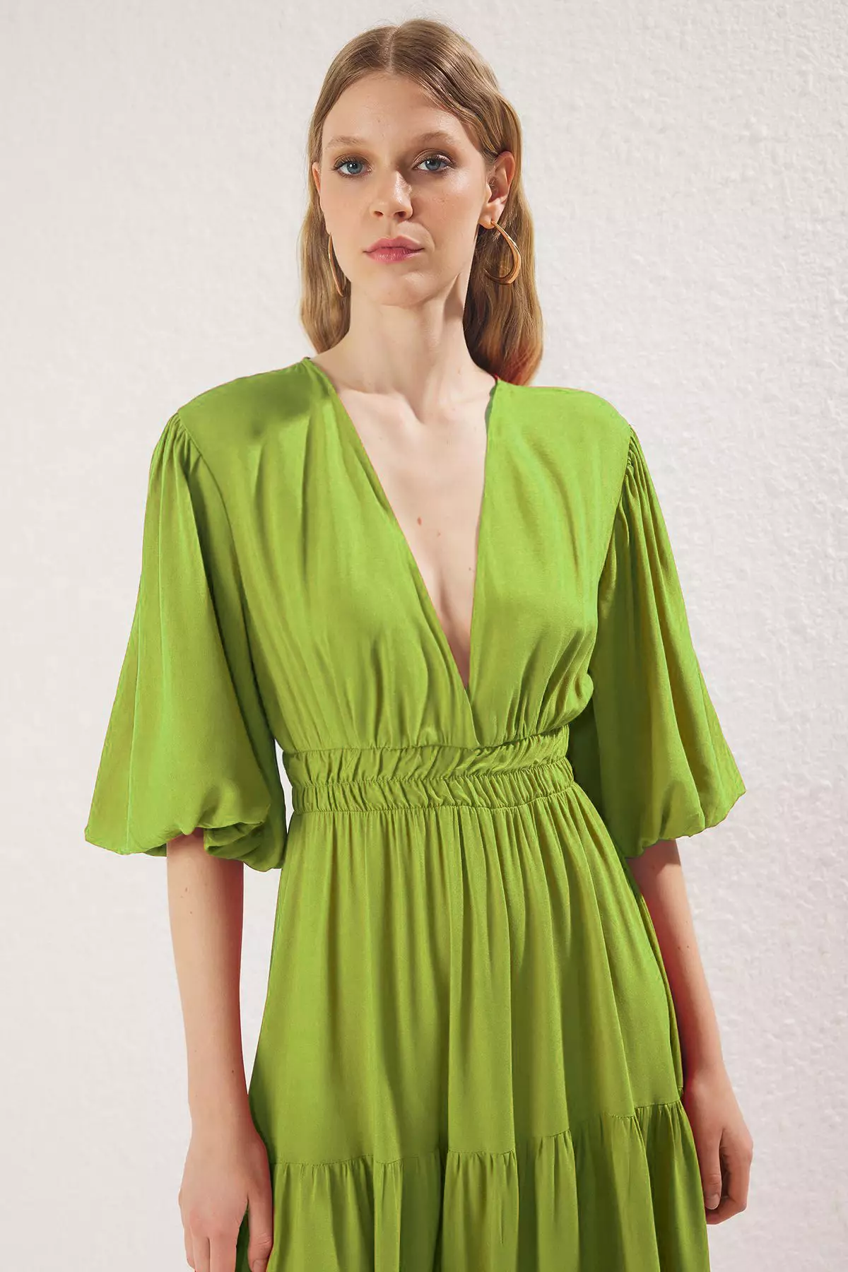 Oil Green Plain Maxi Woven Dress Twoss25El00776