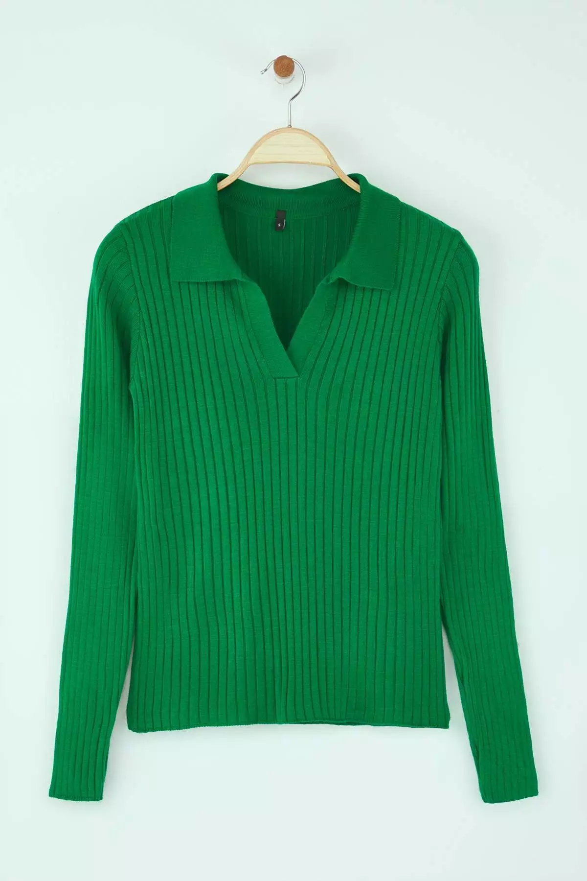 Emerald Green Striped Sleeve Detail Polo Collar Knitwear Sweater Twoaw21Kz1113