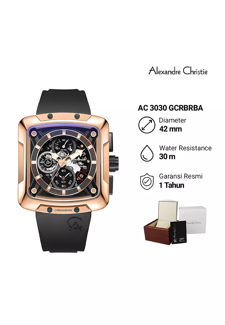 Alexandre Christie Chronograph - Jam Tangan Analog Pria - Rosegold Stainless Case - Black Rubber Strap - 3030GCRBRBA