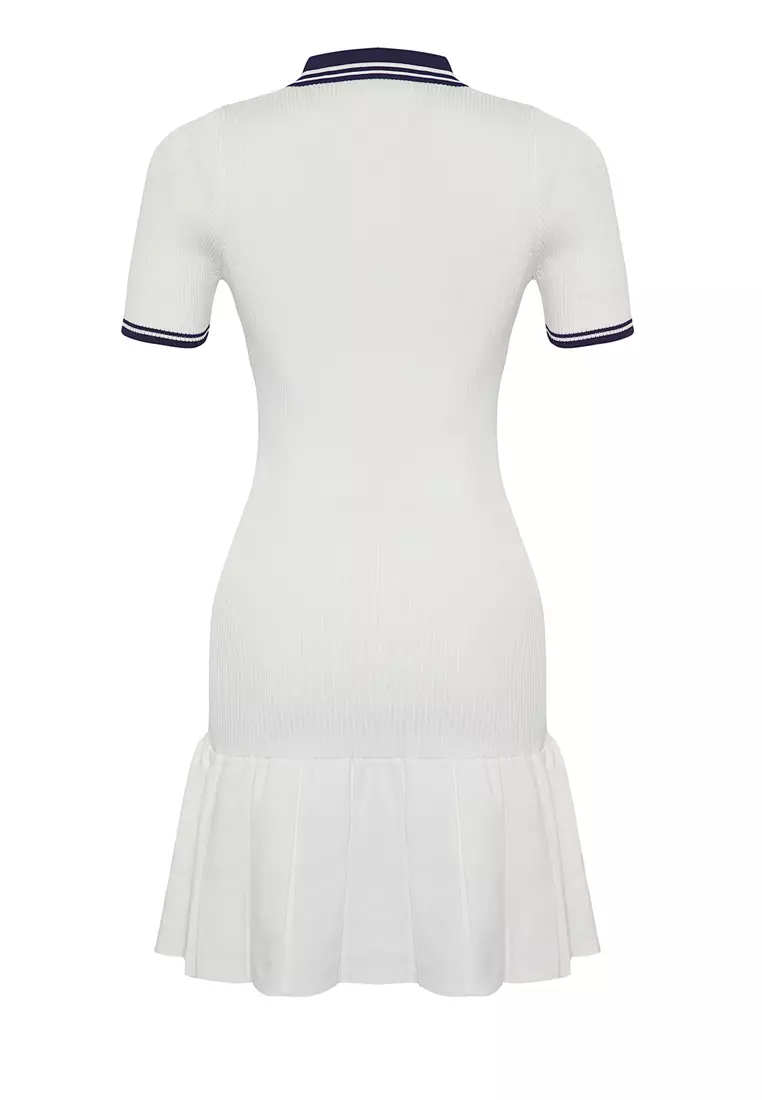 Ecru Color Block Mini Polo Neck Knit Dress TWOSS25EL00308