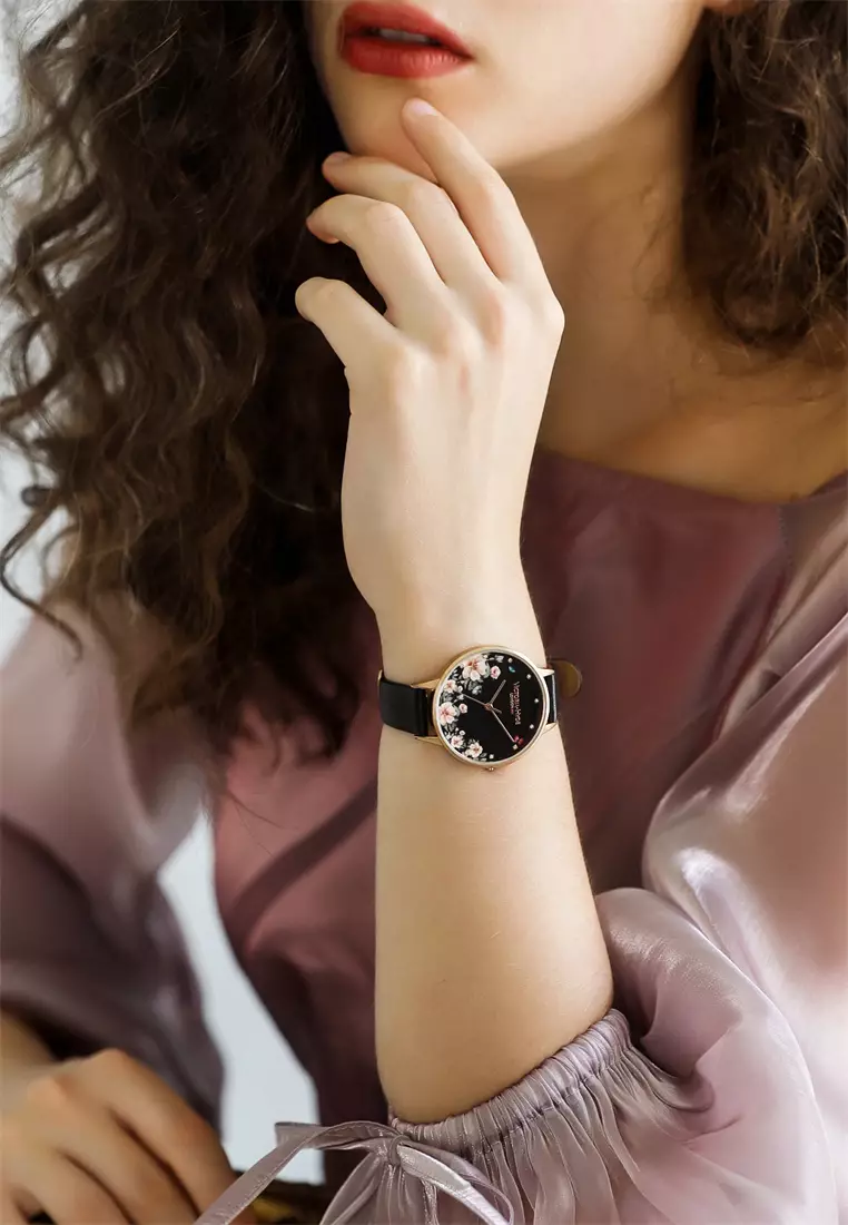 Green Park Flower女士手表 36mm金色金屬表殼 真皮表带-黑色