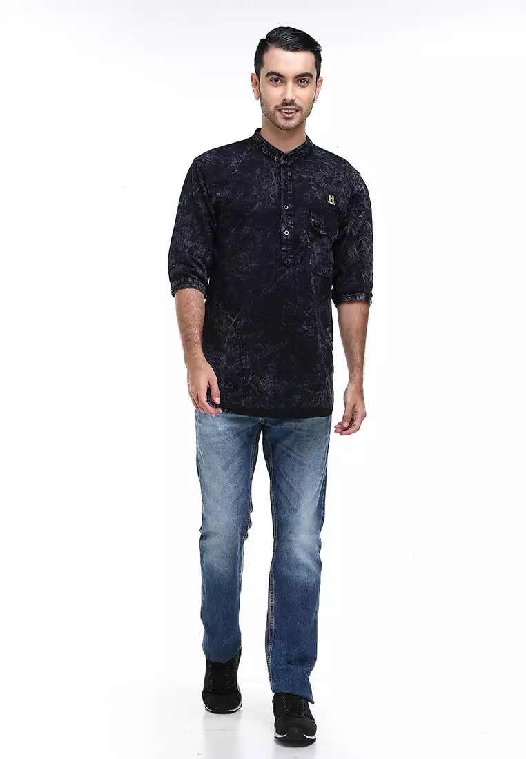 Dwan Shirt Kemeja Jeans Sandwash Pria Kasual Lengan Panjang Material Denim ORIGINAL - Black