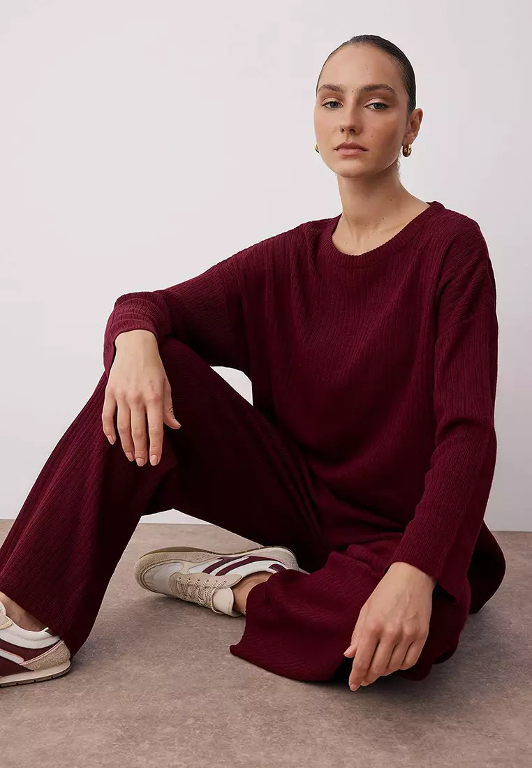 Claret Red Wide Pattern Basic Ribbed Knitwear Top-Bottom Set Twoss20Au0084