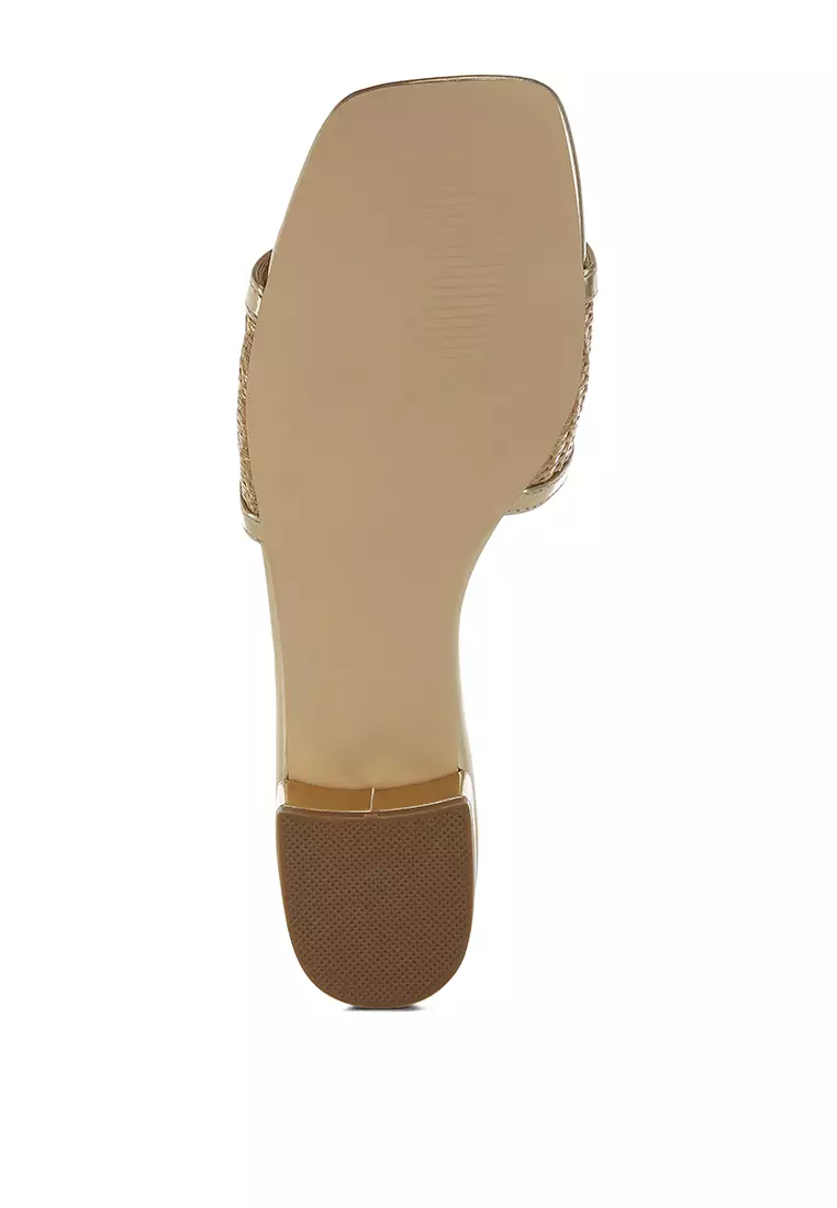 Raffia Slip On Sandals In Gold