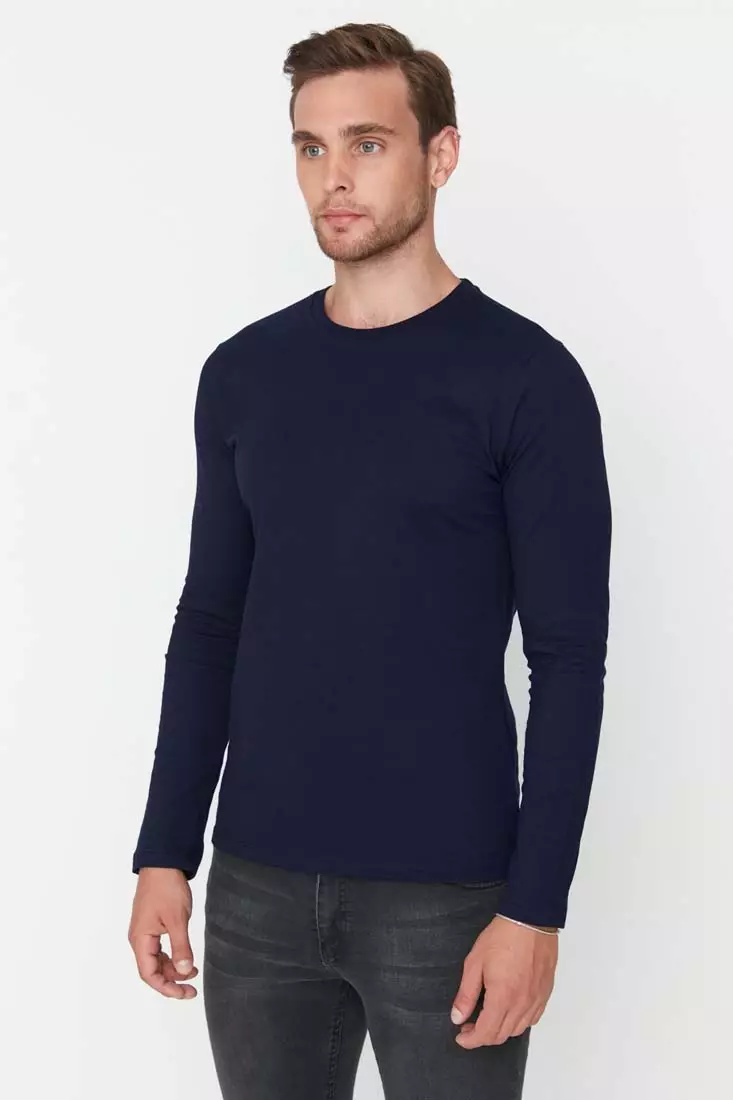 Black-White-Navy Blue Men's Regular/Regular Cut Crew Neck Long Sleeved 3-Pack Basic T-Shirt.