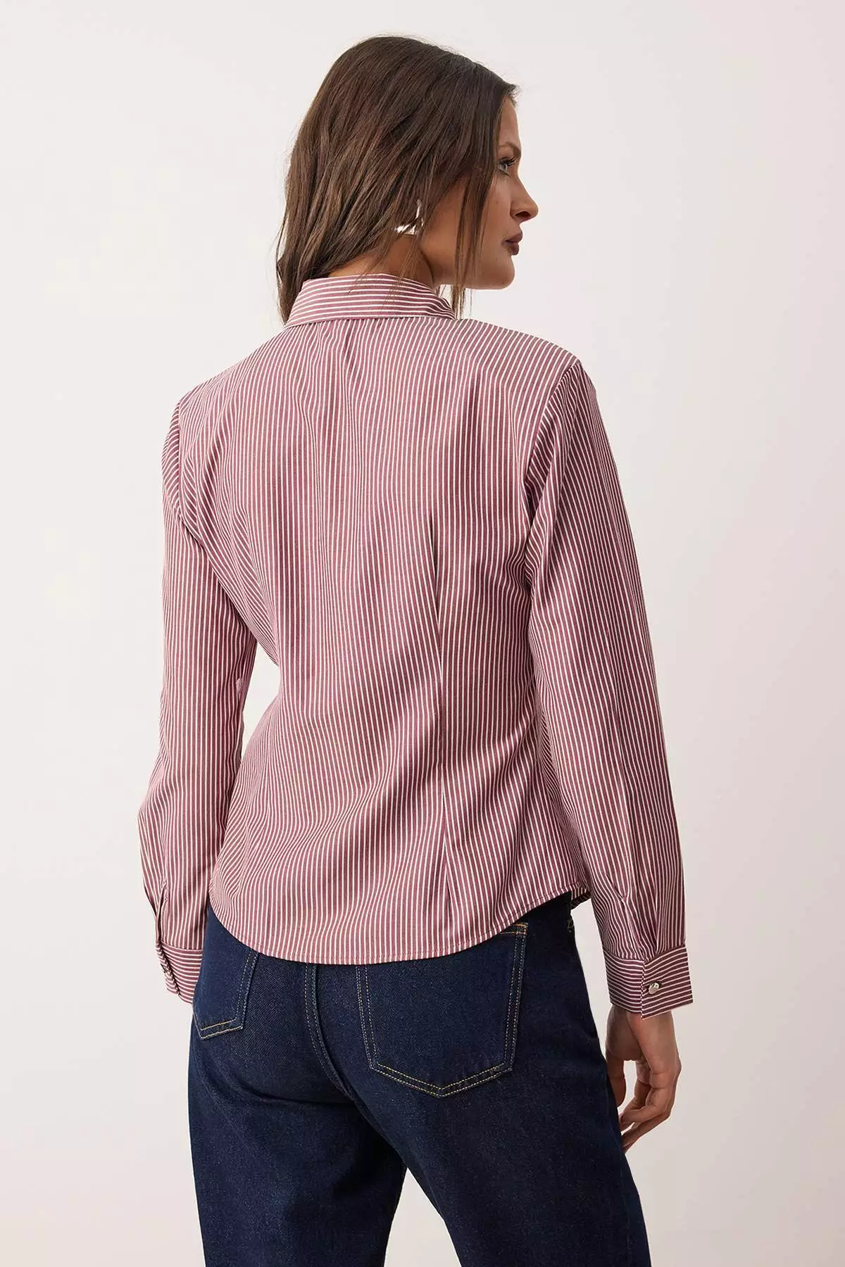 Burgundy Multi-Colored Striped Silver Button Detailed Waist Fitted Padded Shirt Twoaw26Go64