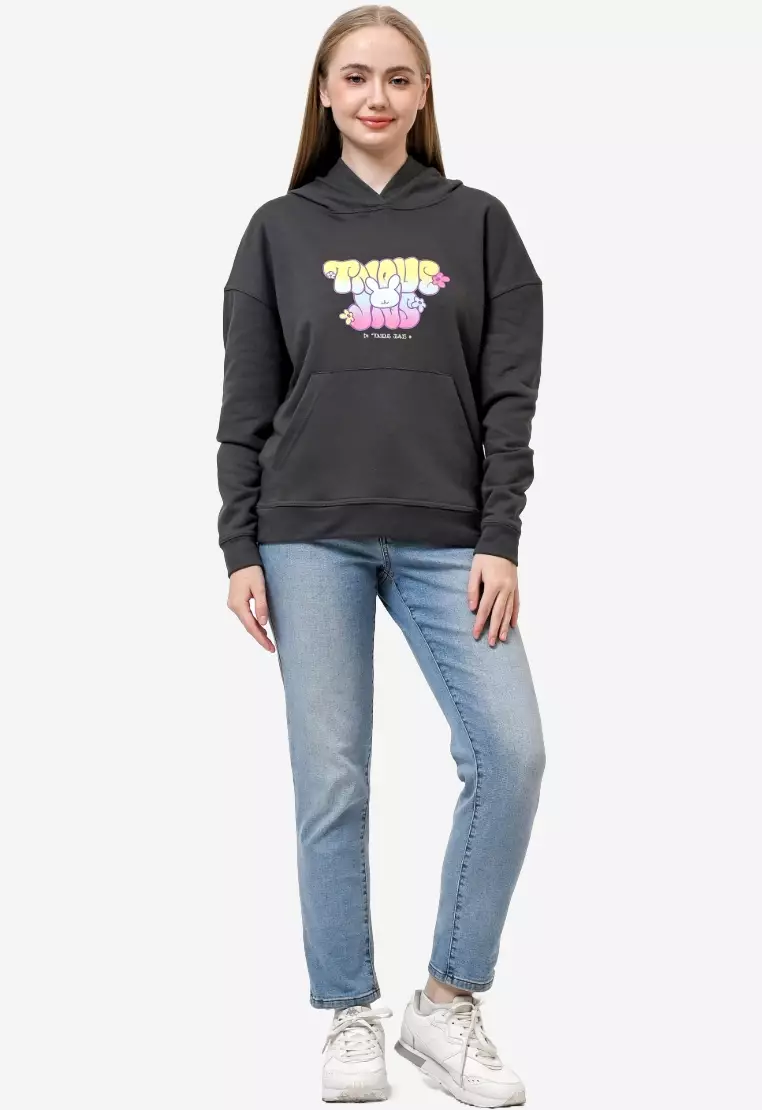 TONIQUE Womens Cotton Graphic Hoodie Dark Grey NOLA Hoodie Wanita Katun Abu Abu