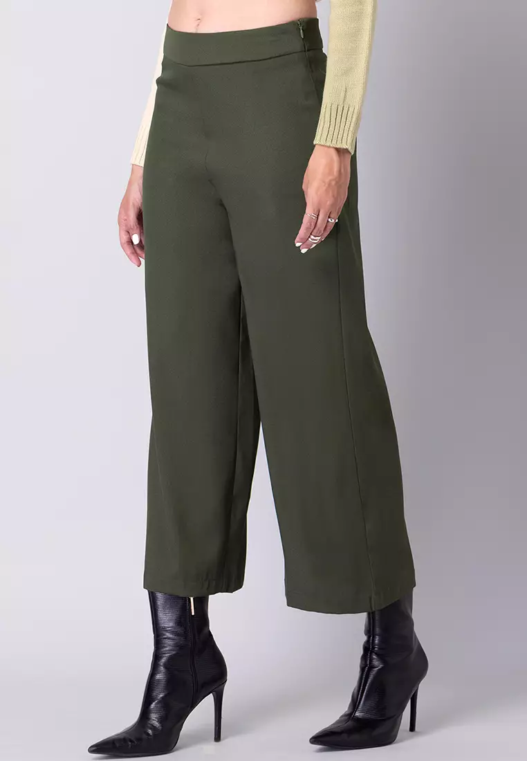Buy FabAlley Olive Belted High Waist Flared Trousers 2024 Online