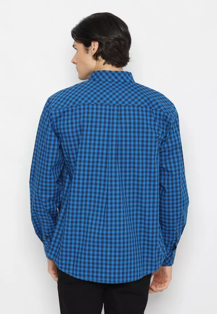 POLICE Kemeja Kotak Cotton Kantong Dua Biru Tua Regular Fit Lengan Panjang Pria