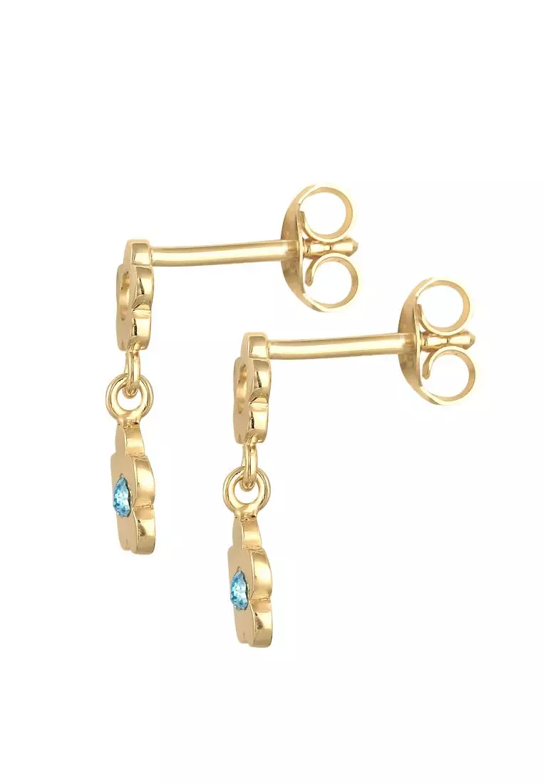 Anting Perhiasan Perak 925 Anak Flower Light Blue Crystal Gold Plated
