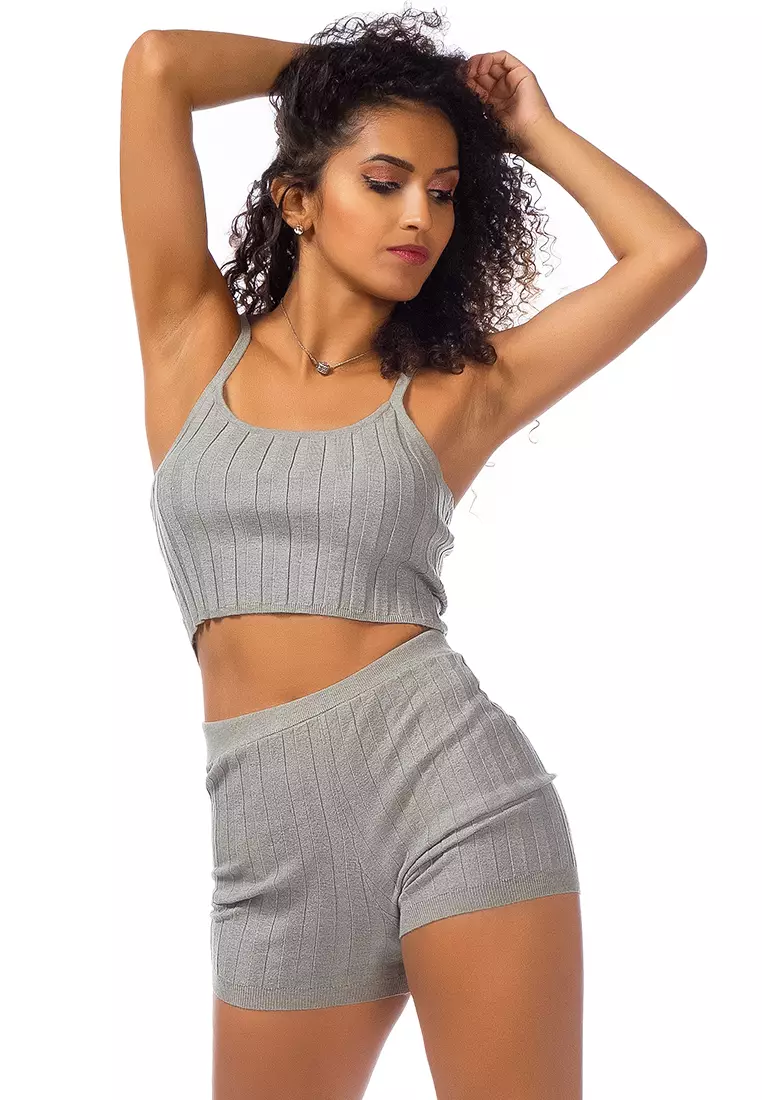 Rib Knit Spaghetti Crop Top di Heather Gray