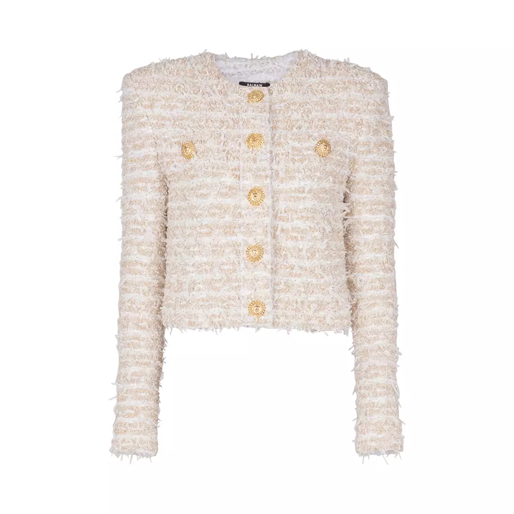 Jual Balmain Sparkly Tweed Cropped Jacket with Button Gold