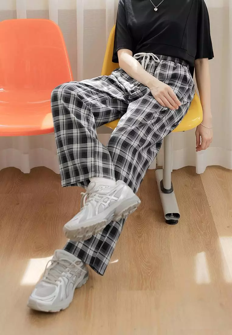 Plaid Elastic Waist Straight Wide-Leg Pants [BA7871]