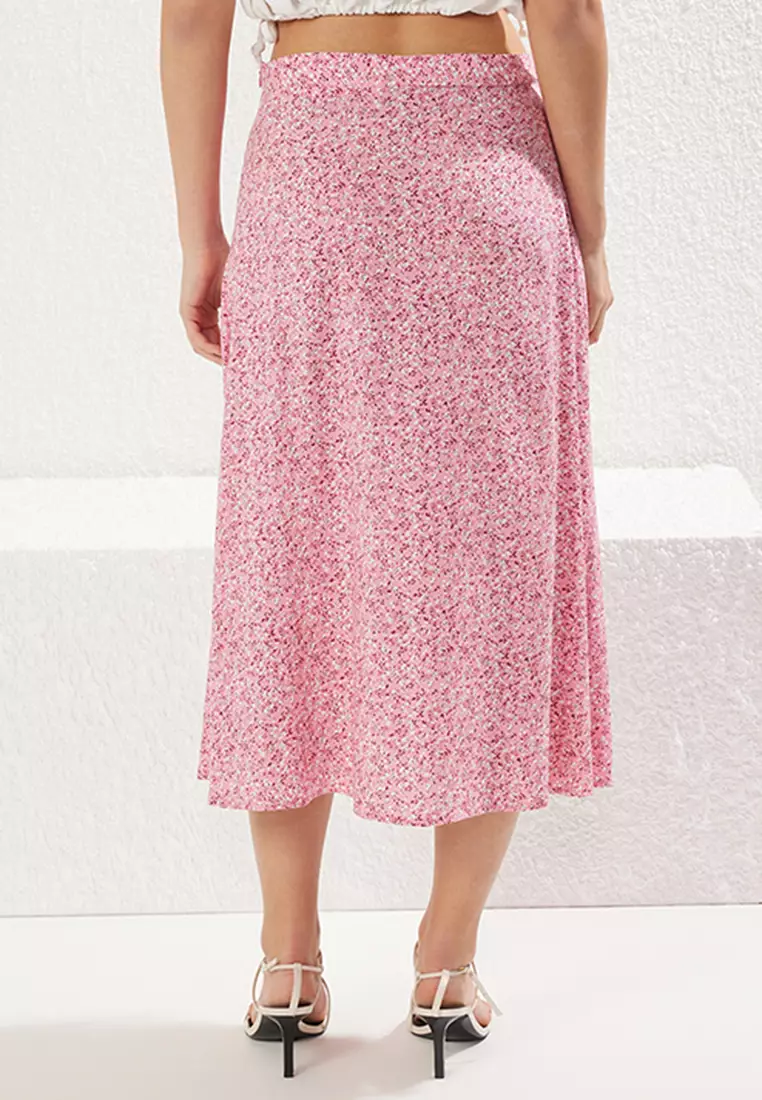 Light Pink Slit Detail Floral Patterned Fabric Midi Woven Skirt