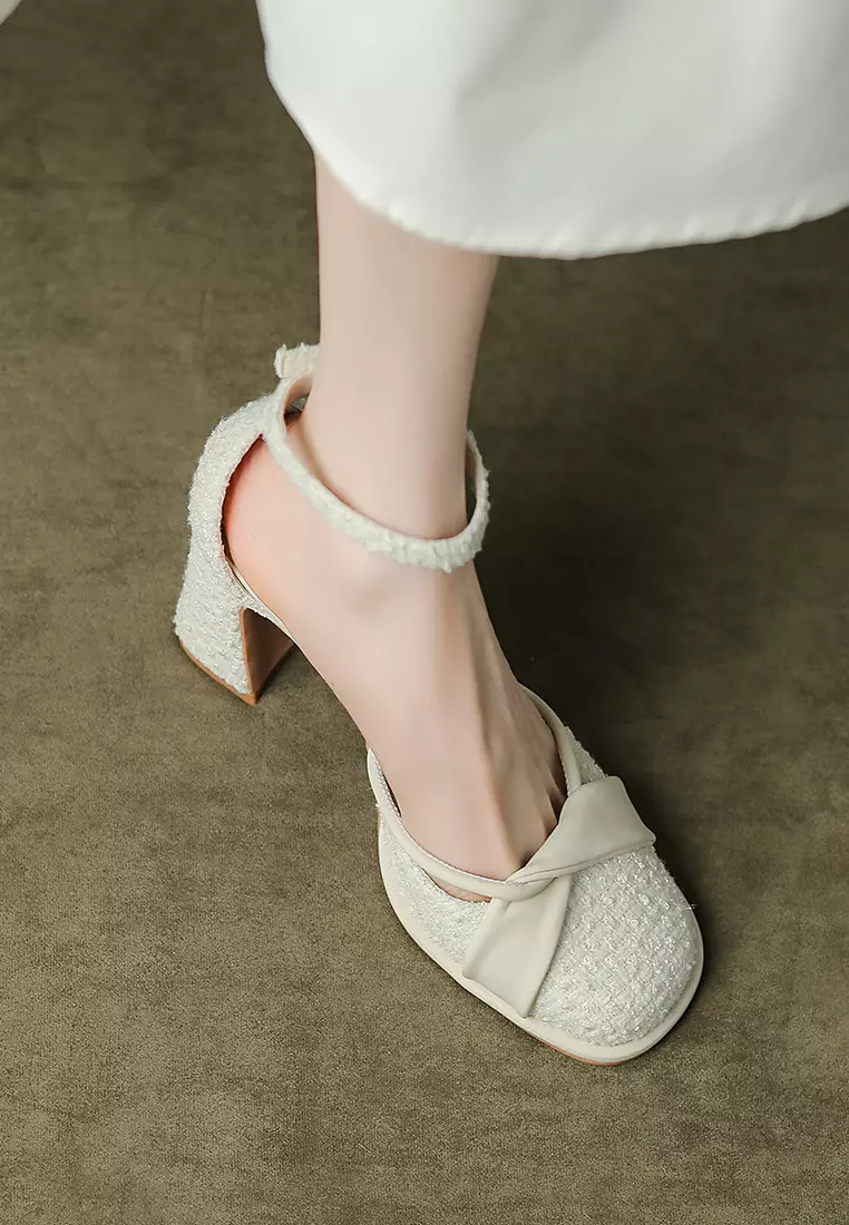 7.5CM Folded Strap Tweed Mary Jane Shoes XJ2568-10
