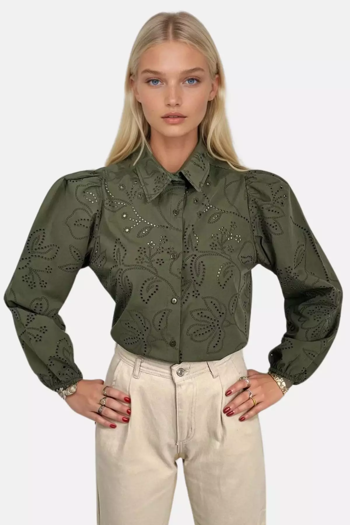 Women's Green Guipure Woven Premium Shirt Alc-X4366
