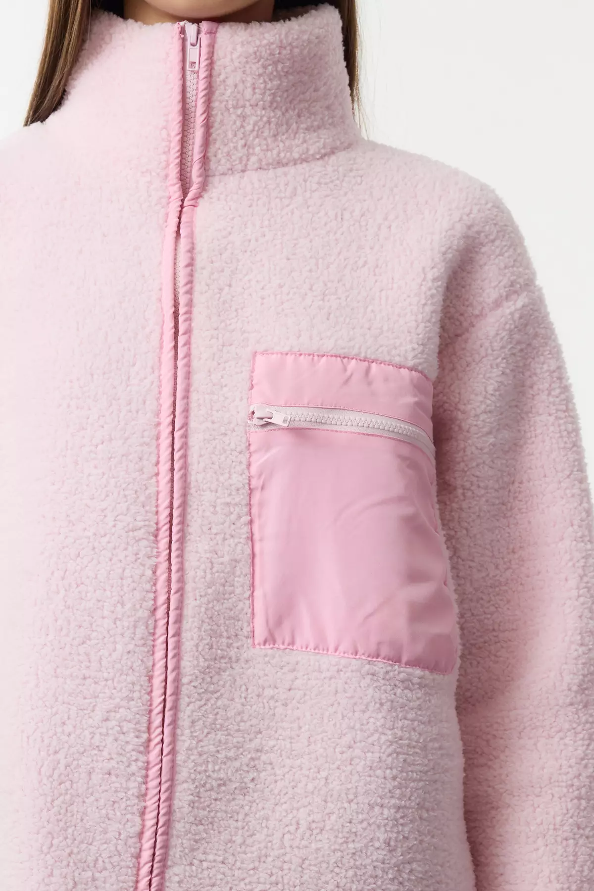 Winter Essentials Light Pink Thick Fleece Zipper Stand Collar Pocket Knitted Sweatshirt Twoaw24Sw00071