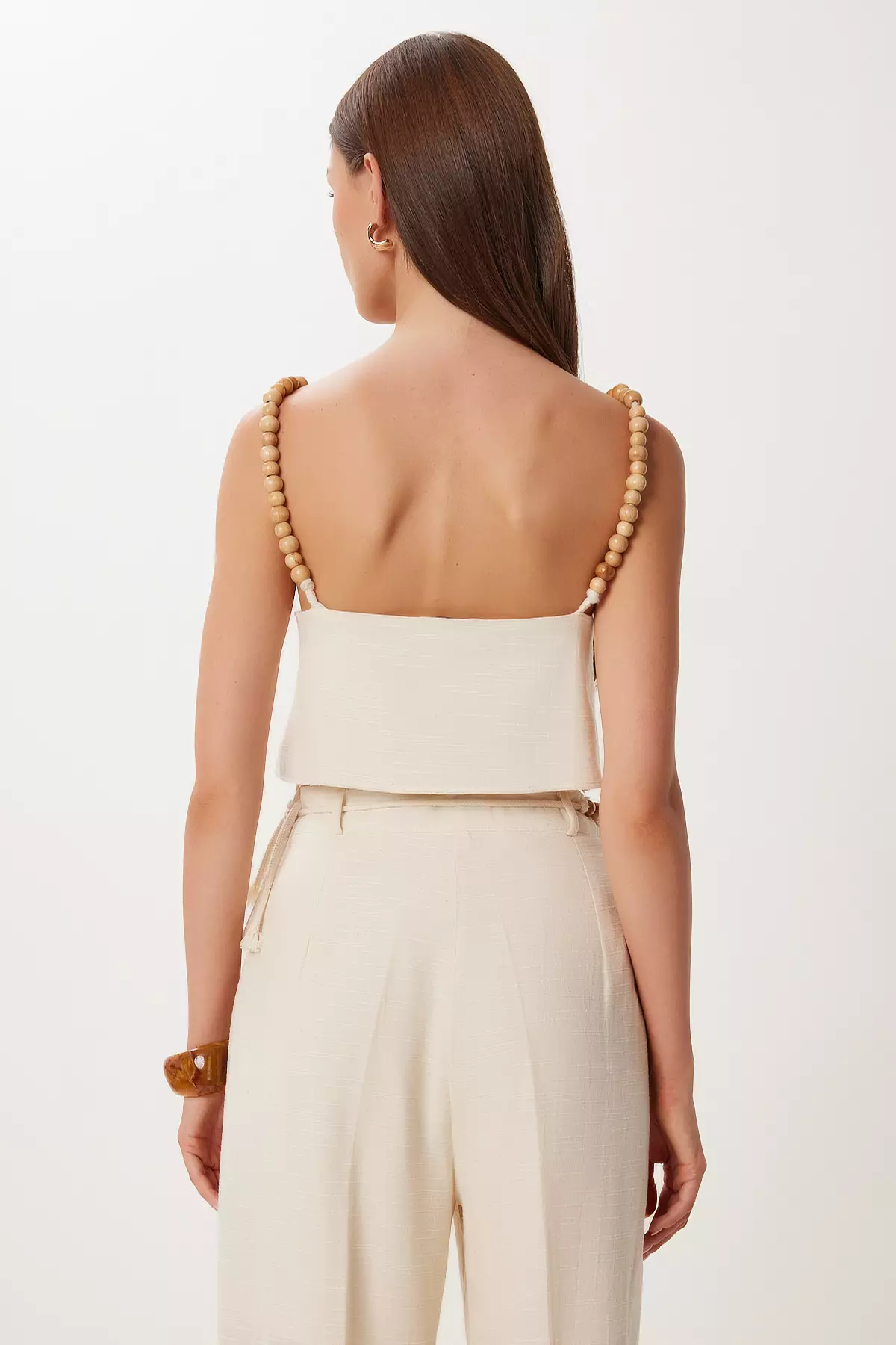 Women's Cream Bead Detail Linen Blouse Pants Suit Bv00170