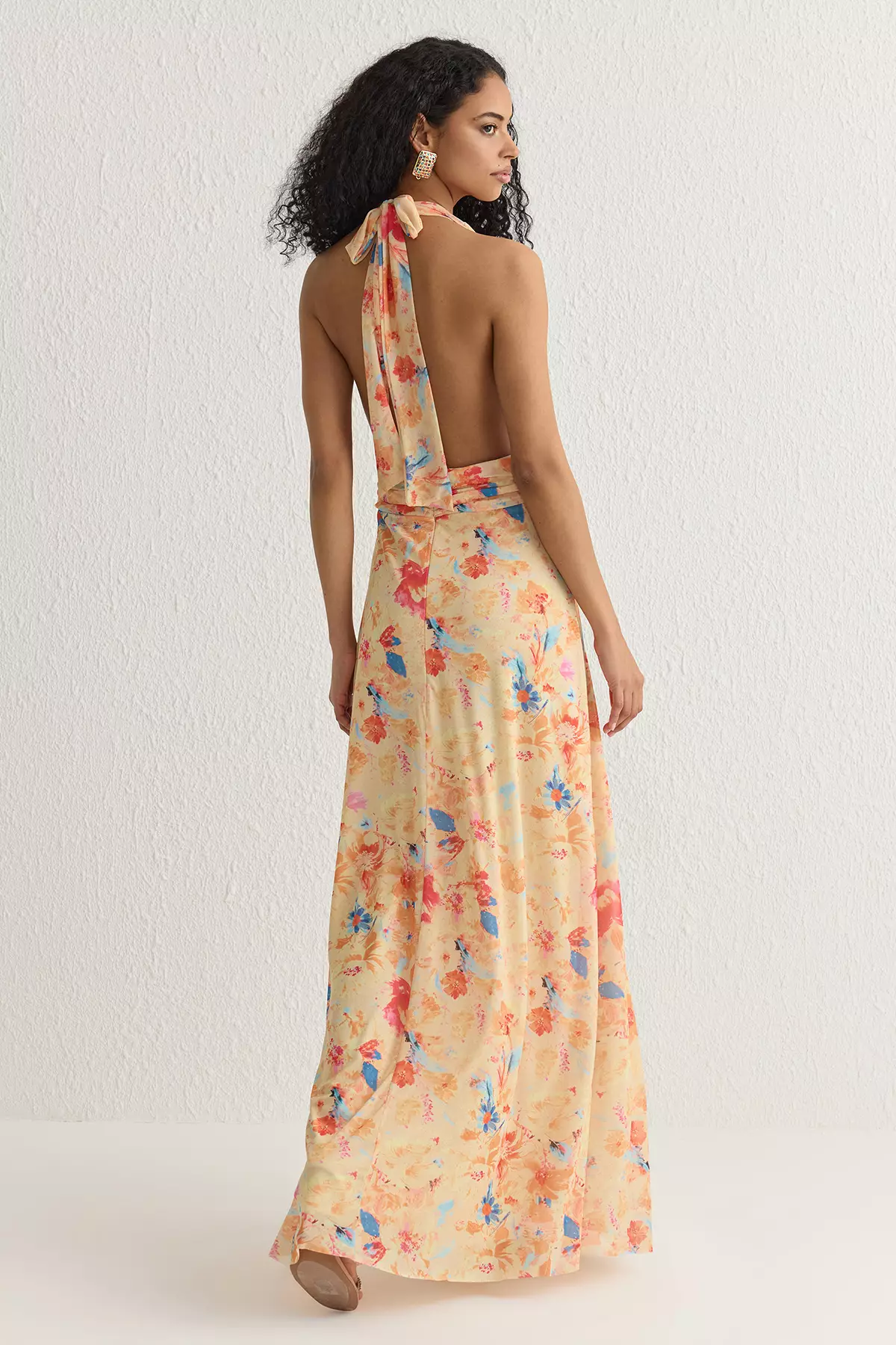 Pink-Multicolored A-Line Floral Patterned Knitted Long Elegant