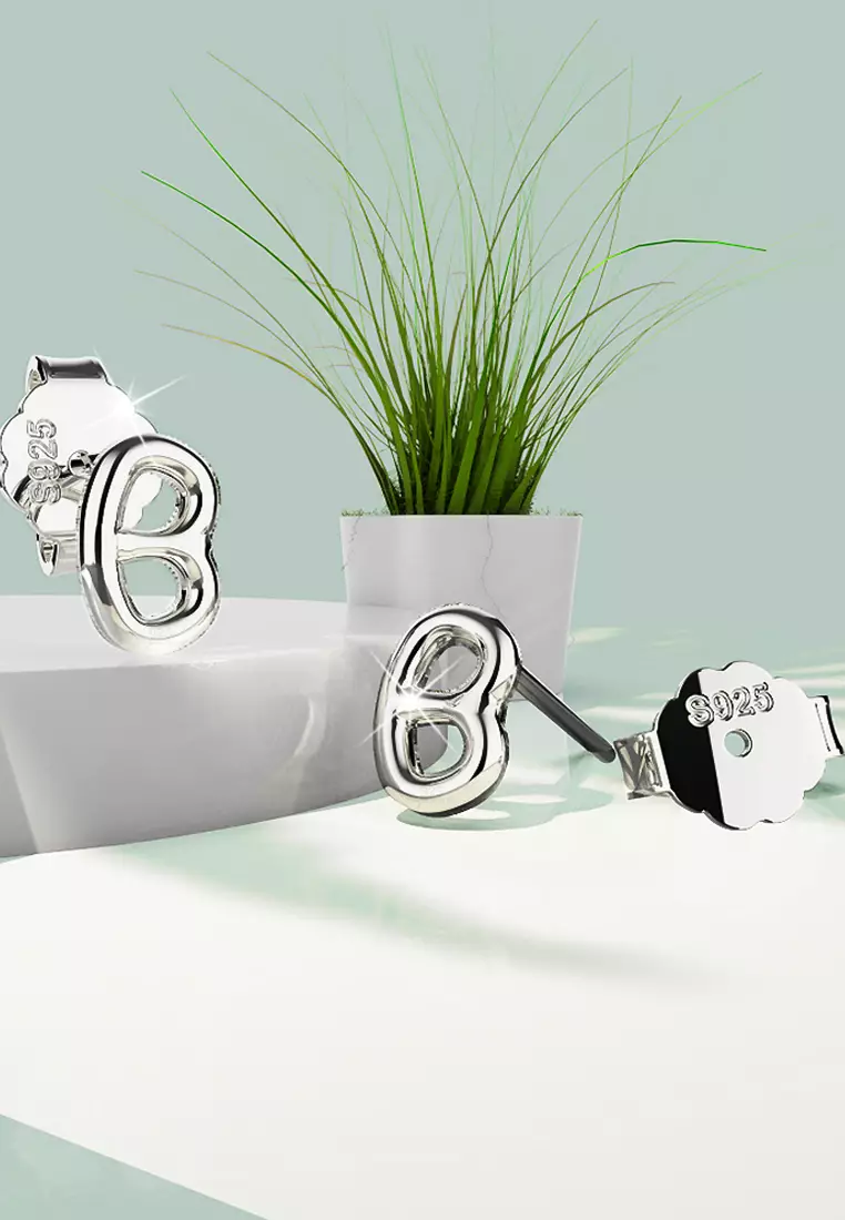 Solid 925 Sterling Silver Initial Alphabet Personalised Stud Earrings- B