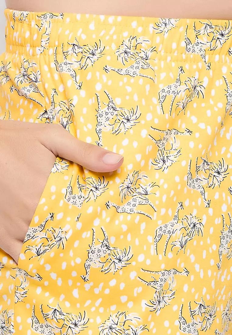 Clovia Printed Top & Shorts Set in Light Yellow- 100% Cotton