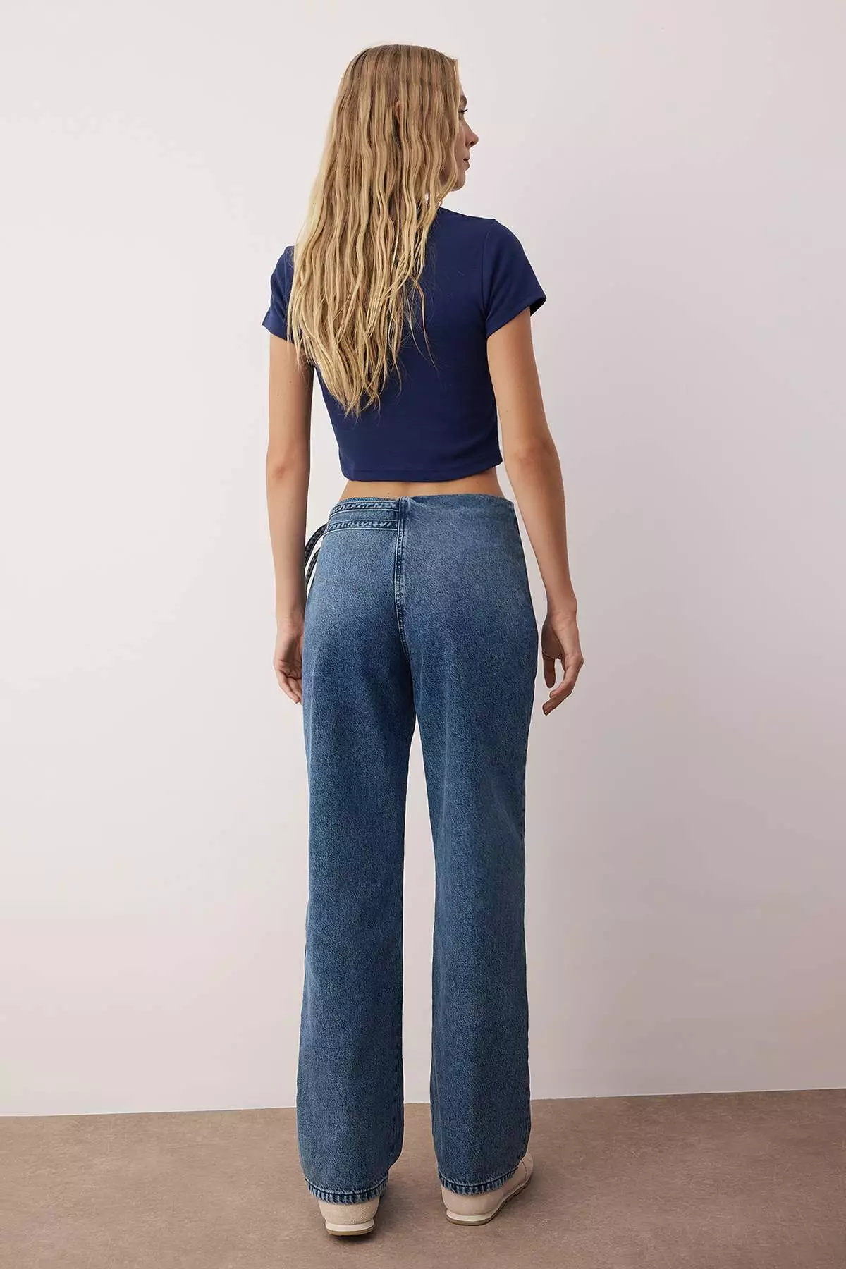 Blue Belt Detailed Normal Waist Wide Leg Jeans