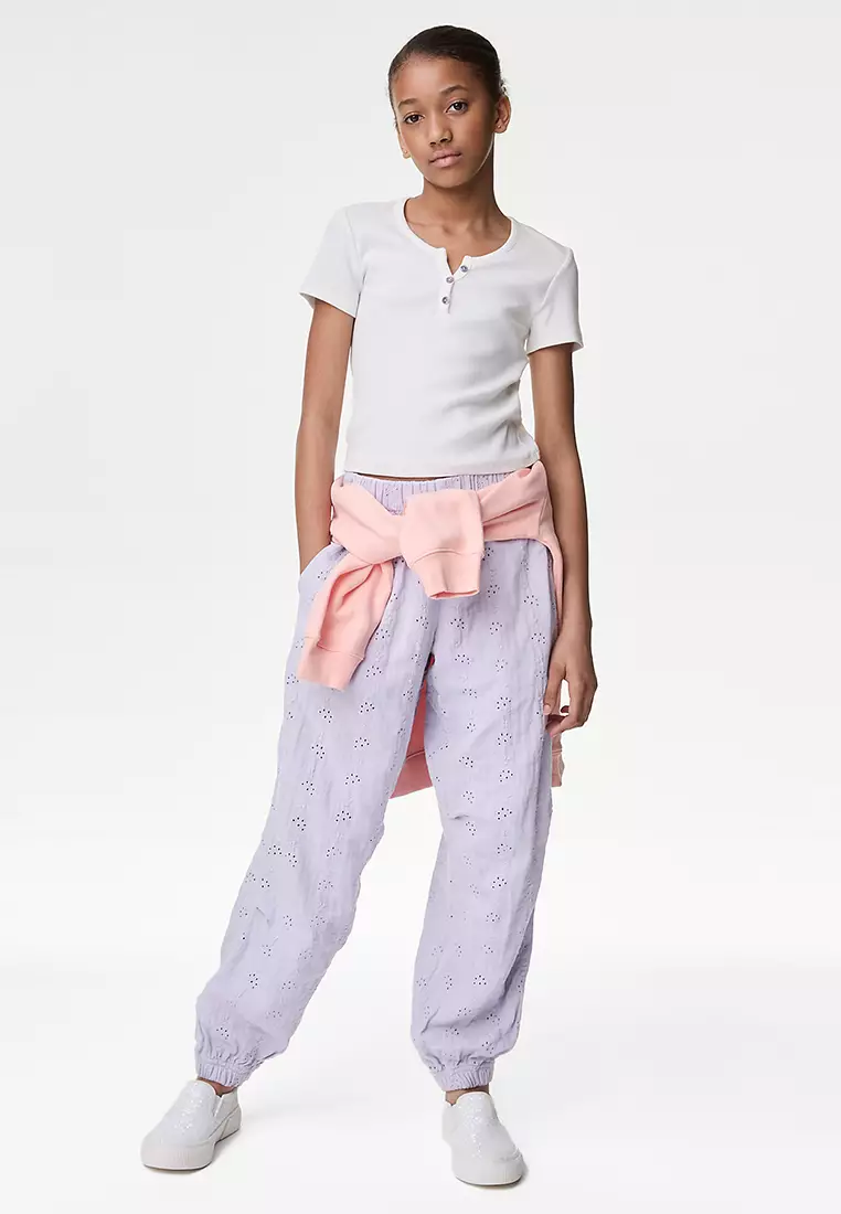 Pure Cotton Broderie Parachute Trousers