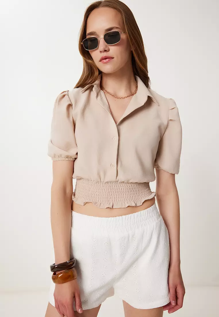 Women's Beige Balloon Sleeve Linen Crop Shirt Blouse Tp00081